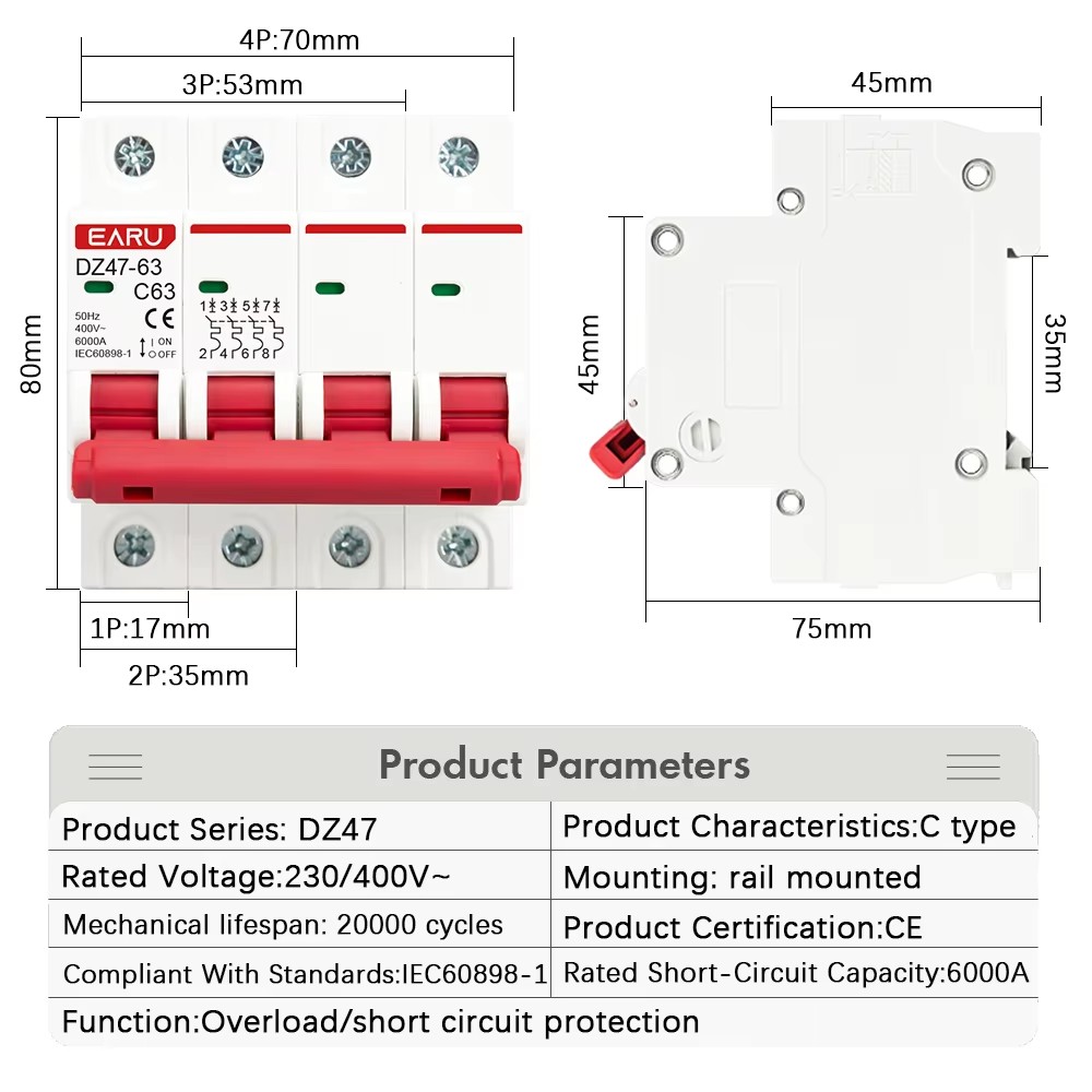 EARU DZ47 1P 2P 3P 4P 3A-63A A - Din Rail Circuit Breaker 评论和价格